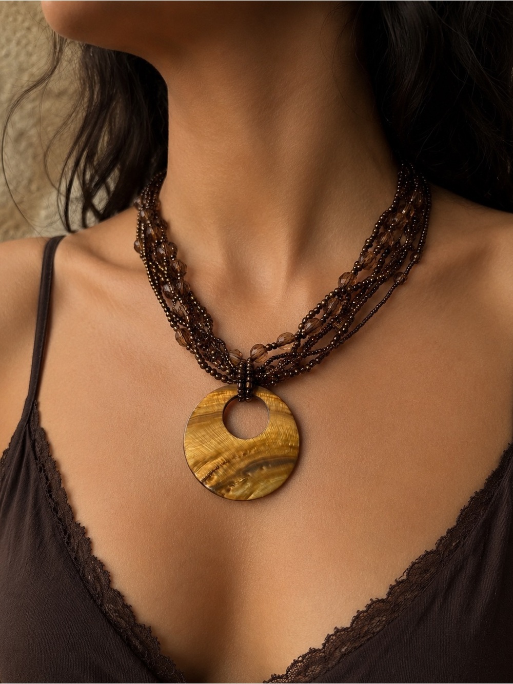 Brown Beaded Multi-Strand Necklace with shell disc Pendant